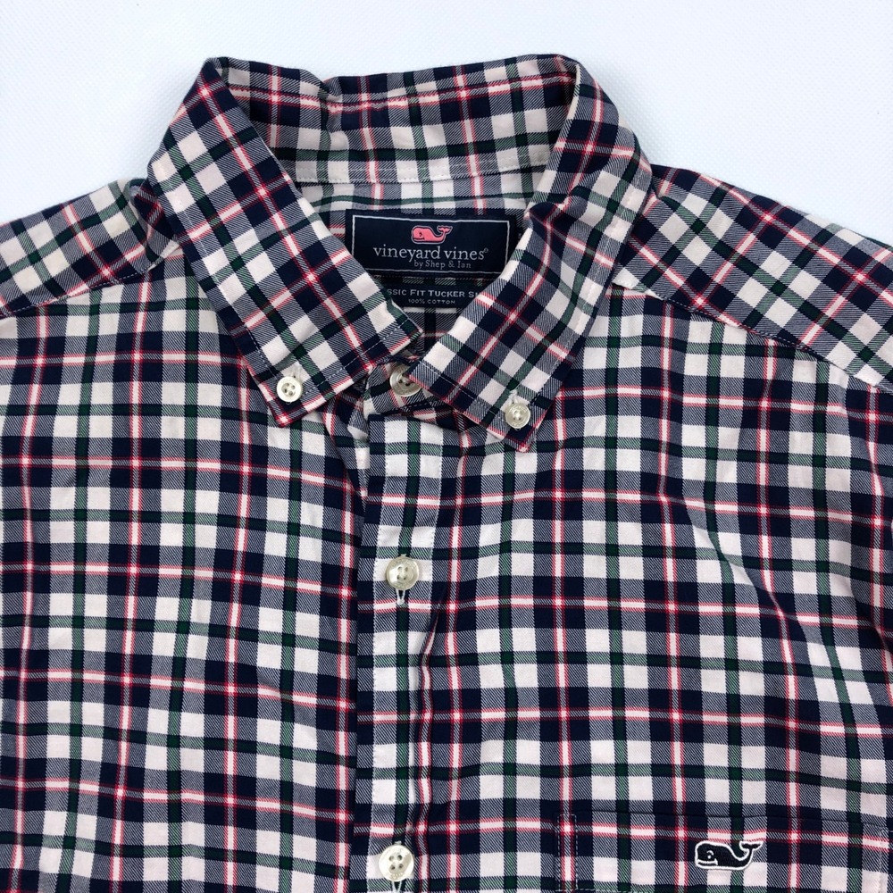 Vineyard Vines Classic Fit Tucker Shirt Mens Medium Plaid Button Down Navy Red - Picture 2 of 9
